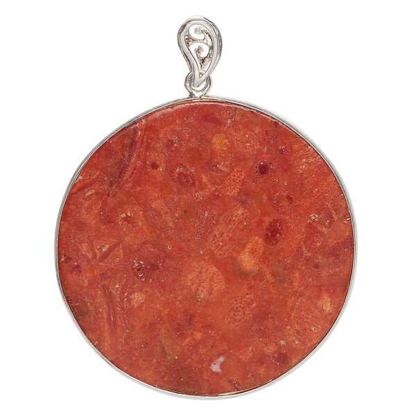 Pendant, "pewter" (zinc-based alloy) and resin, pkg/1, 52mm flat round, silver finish and red. image number 0