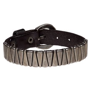 Bracelet, leather (dyed) with antique silver-plated steel and brass, black, 15mm wide with triangle design, adjustable from 5-1/2 to 7 inches with buckle-style closure. Sold individually.