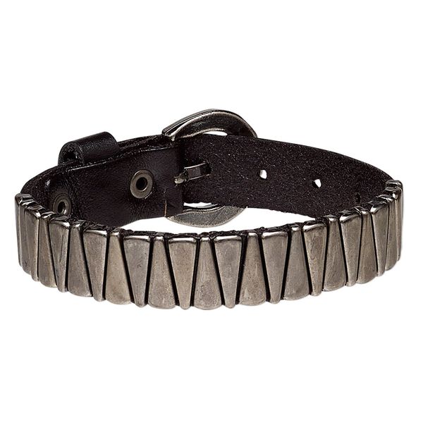 Bracelet, leather (dyed) with antique silver-plated steel and brass, black, 15mm wide with triangle design, adjustable from 5-1/2 to 7 inches with buckle-style closure. Sold individually. image number 0