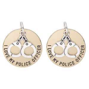 Drop, antique silver- and copper-finished "pewter" (zinc alloy), 26mm round with handcuffs and "I Love My Police Officer." Sold per pkg of 2.