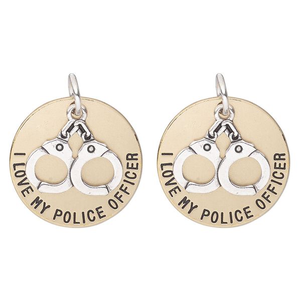 Drop, antique silver- and copper-finished "pewter" (zinc alloy), 26mm round with handcuffs and "I Love My Police Officer." Sold per pkg of 2. image number 0