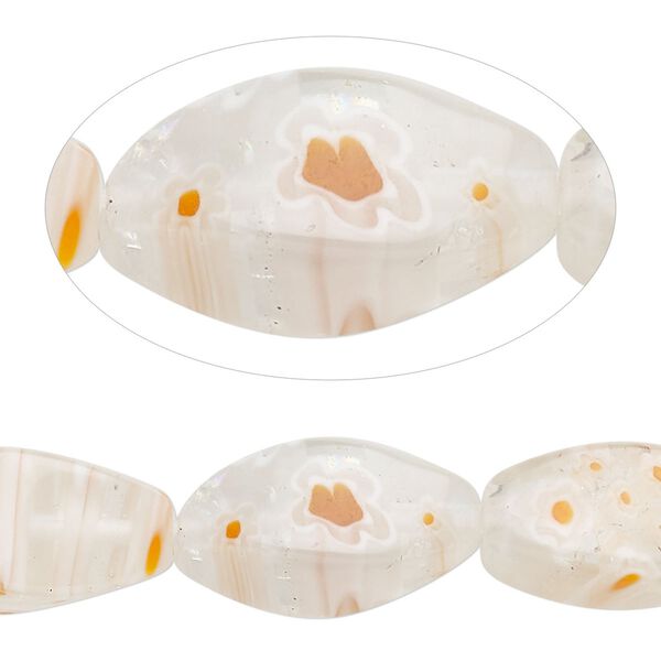Bead, millefiori glass, translucent clear / orange / white, 20x10mm 4-sided twisted oval with flower design. Sold per 14-inch strand. image number 0