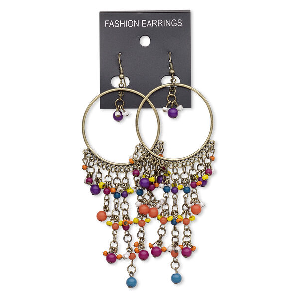 Earring, glass / acrylic / antique gold-finished brass / steel, multicolored, 5 inches with fishhook ear wire. Sold per pair. image number 0