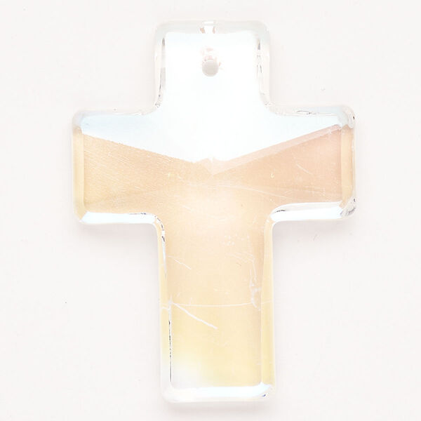 Focal glass 1pk 40x29mm-40x30mm faceted cross, transparent clear AB peach image number 0