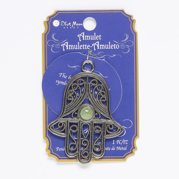 Focal, green aventurine (natural) and antique silver-finished "pewter" (zinc-based alloy), 58x48mm single-sided Fatima hand. Sold individually. image number 0