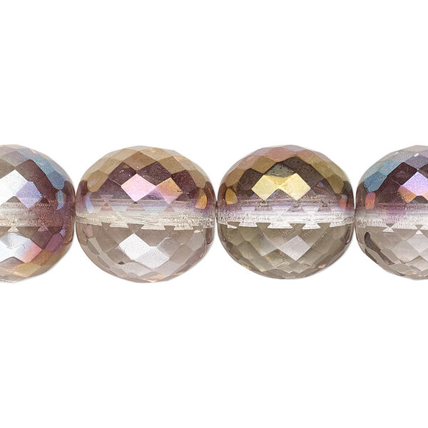Bead, Czech fire-polished glass, clear and blush, 14mm faceted round. Sold per 15-1/2" to 16" strand. image number 0