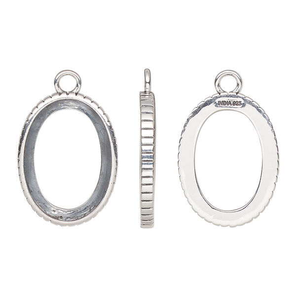 Drop, antiqued sterling silver, 20x15mm oval with 18x13mm oval setting and textured design with open back. Sold individually. image number 0