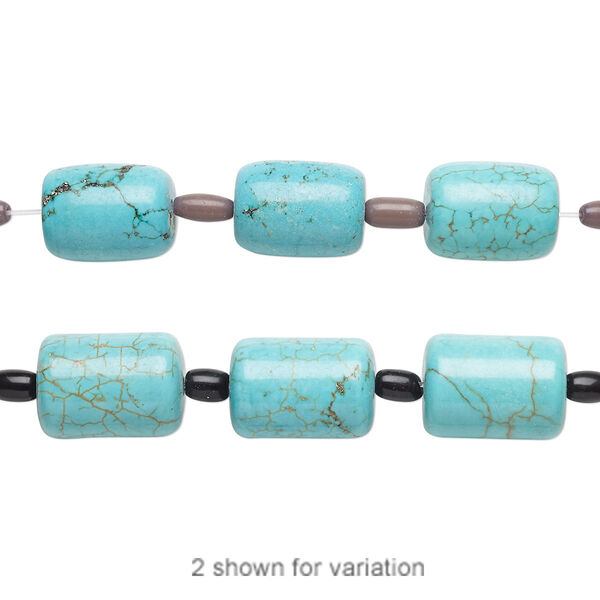 Bead mix, "turquoise" (imitation) resin and glass, light teal green and blue-green, 6x4mm-9x6mm barrel and 18x13mm-21x15mm round tube. Sold per pkg of 7. image number 0