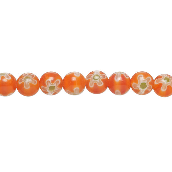 Bead, millefiori glass 1pkg1, translucent red-orange / white / green, 6mm round, 15 inches. image number 0