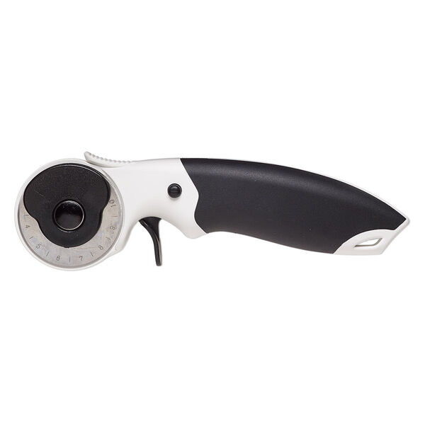 Rotary cutter, plastic / rubber / steel / gold-finished steel, black and white, 6-3/4 inches with 45mm blade. Sold individually. image number 0
