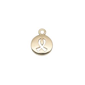 Drop, gold-finished "pewter" (zinc-based alloy), 11mm single-sided round with cutout awareness ribbon. Sold individually.