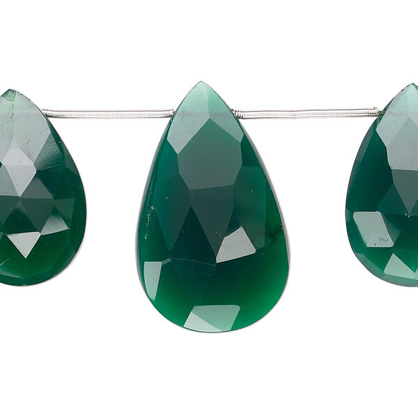 Bead, green onyx (dyed), 17x12mm-26x16mm graduated hand-cut top-drilled faceted puffed teardrop, B+ grade, Mohs hardness 6-1/2 to 7. Sold per pkg of 3. image number 0