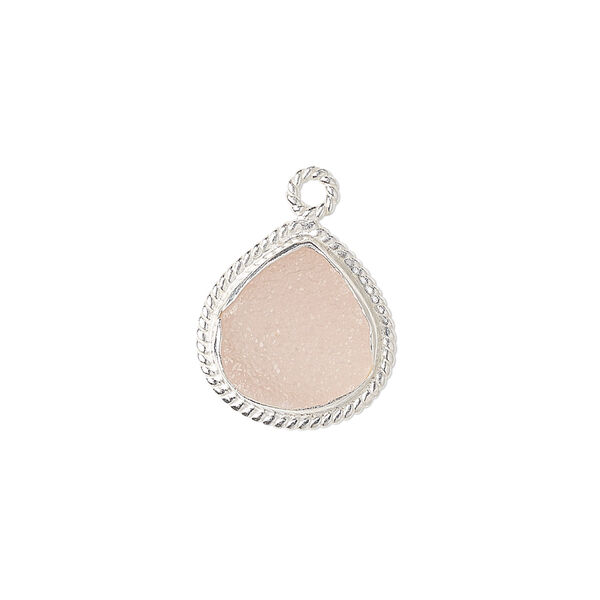 Drop, druzy agate (dyed) and sterling silver, pink, 16x16mm-18x17mm hand-cut single-sided teardrop with twisted wire design. Sold individually. image number 0