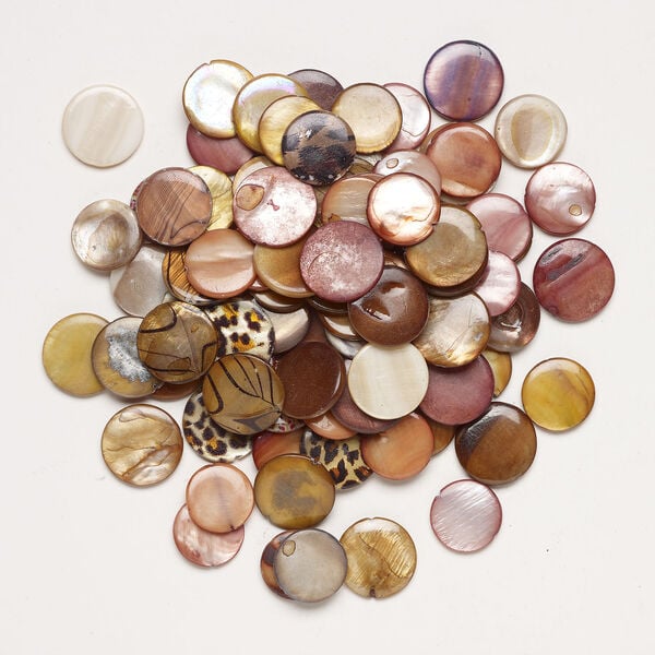 Mother-of-pearl shell 1pkg6oz, puffed flat round bead mix multi-brown 17-20mm image number 1