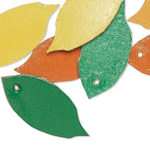 Component, leather (dyed), assorted colors, 31x14mm leaf. Sold per pkg of 8.