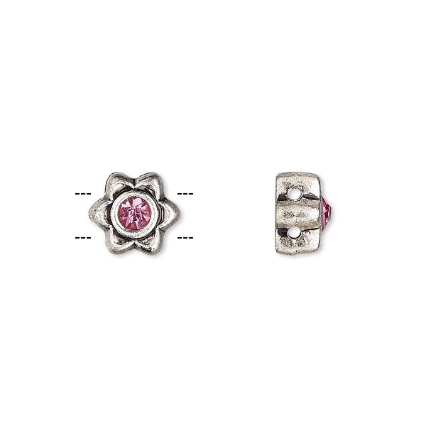 Spacer, glass rhinestone and antique silver-finished "pewter" (zinc-based alloy), pink, 8x8mm single-sided 2-strand flower, fits up to 5mm bead. Sold per pkg of 6. image number 0