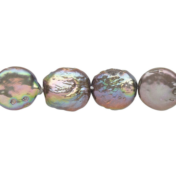 Pearl, cultured freshwater (dyed), peacock, 10-12mm flat round, C- grade, Mohs hardness 2-1/2 to 4. Sold per 8-inch strand, approximately 15-20 beads. image number 0
