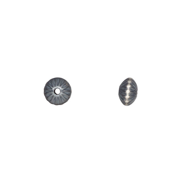 Bead, Navajo pearl style, brushed oxidized sterling silver, 6.5 x 4.5mm corrugated saucer. Sold individually. image number 0