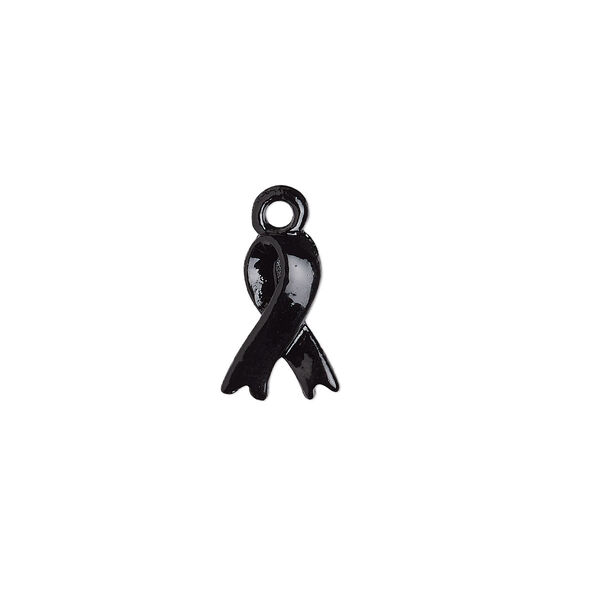 Charm, enamel and pewter (tin-based alloy), black, 10.5x7mm 3D awareness ribbon. Sold per pkg of 2. image number 0