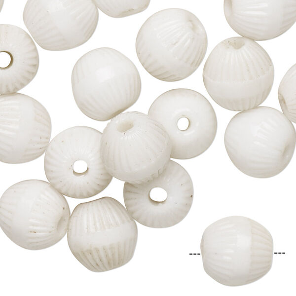 Bead, vintage India glass, opaque white, 10-11mm corrugated round with 2-2.5mm hole. Sold per pkg of 24. image number 0