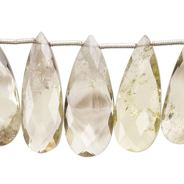 Bead, lemon smoky quartz (heated / irradiated), 20x9mm-32x12mm hand-cut top-drilled faceted puffed teardrop, B grade, Mohs hardness 7. Sold per pkg of 17. image number 0