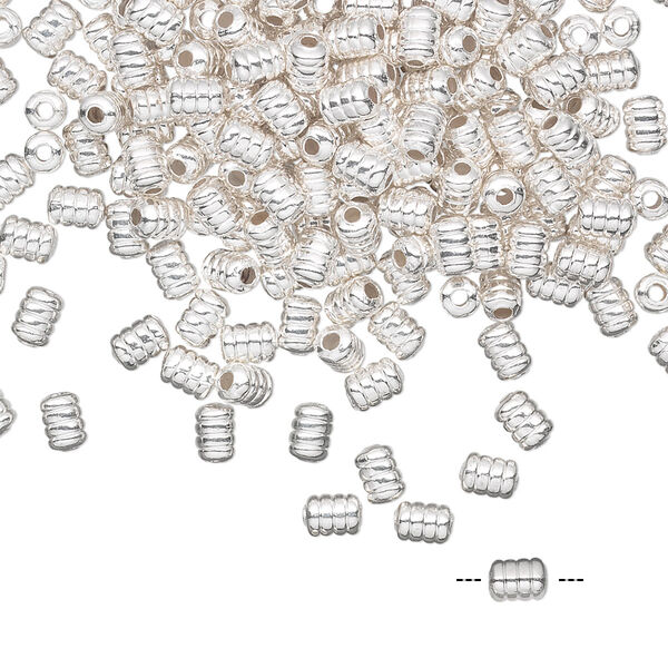 Bead, silver-plated brass, 4x3mm ribbed tube. Sold per pkg of 100. image number 0