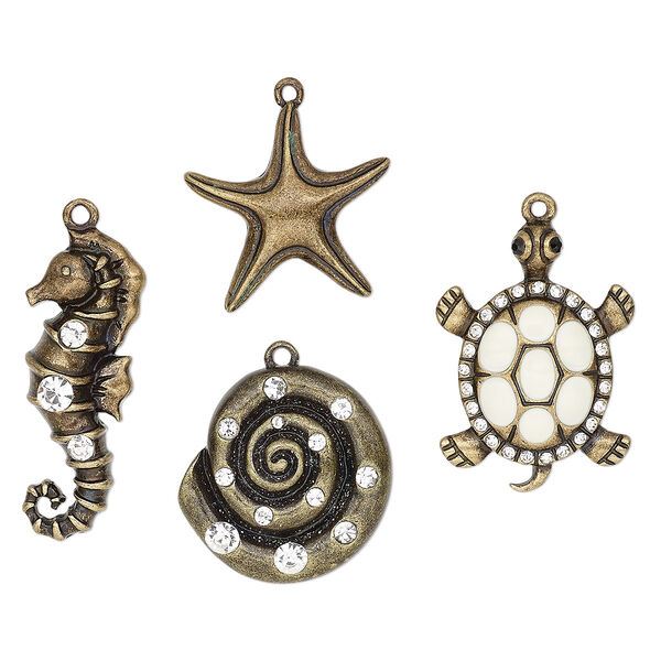 Focal and charm, Charmed, glass rhinestone / enamel / antique brass-finished "pewter" (zinc-based alloy), clear / black / white opal, 26x25mm-39.5x15mm single-sided assorted ocean theme. Sold per 4-piece set. image number 0