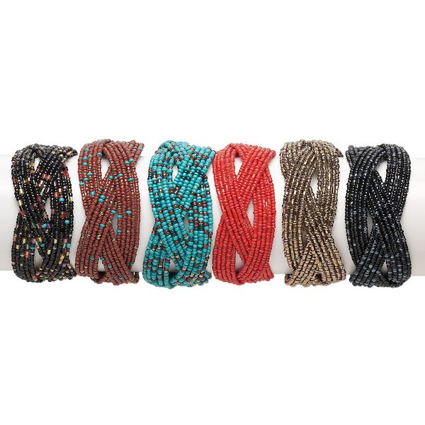 Bracelet mix, cuff, 15-strand, glass and steel, autumn tones, 34mm wide, adjustable from 6-8 inches. Sold per pkg of 6. image number 0