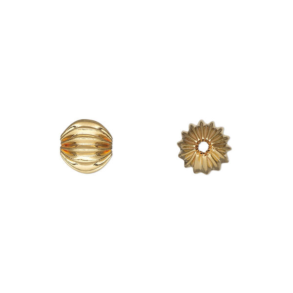 Bead, gold-plated brass, 7.5mm corrugated round. Sold per pkg of 12. image number 0