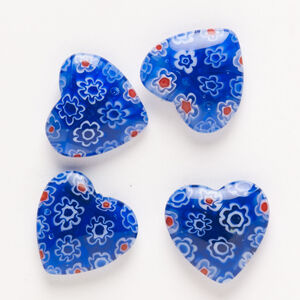 Bead, millefiori glass, pkg/4, translucent cobalt blue/red/white, 18-20mm half-drilled puffed heart.