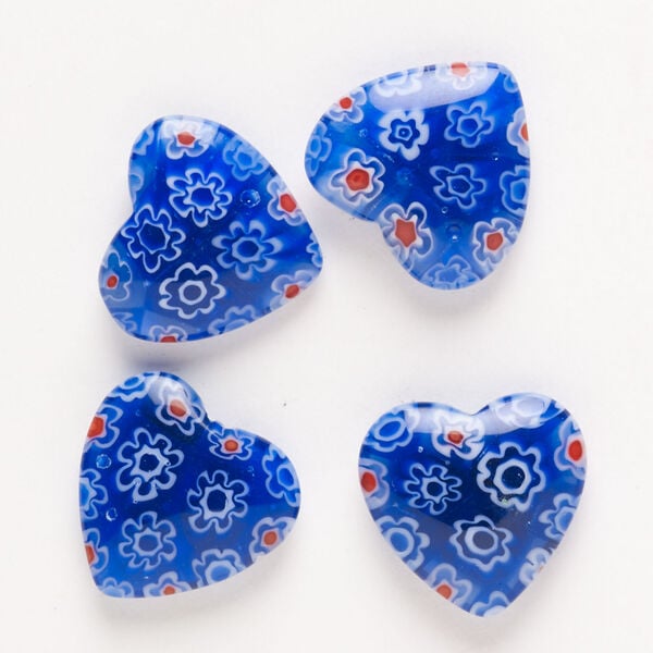 Bead, millefiori glass, pkg/4, translucent cobalt blue/red/white, 18-20mm half-drilled puffed heart. image number 0