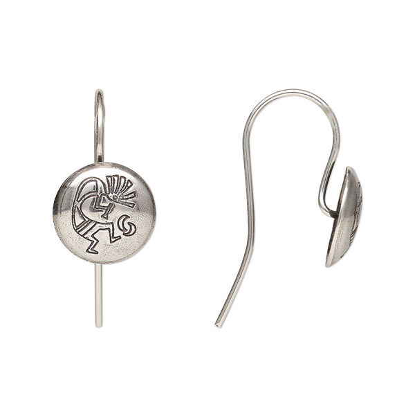 Ear wire, antiqued sterling silver, 19mm fishhook with 10mm Kokopelli concho, 20 gauge. Sold per pair. image number 0