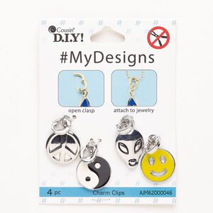 Charm 1pkg4 brass / steel / enamel, mixed sizes / mixed shapes / hinged clasp, assortment antique silver finish / multicolored