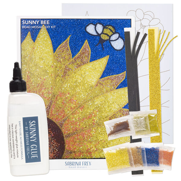 Sabrina Frey Bead Mosaic™ Starter Kit, glass / medium-density fiberboard / glue, pkg/1, multicolored, 8x10 inches with "Sunny Bee" design. image number 1