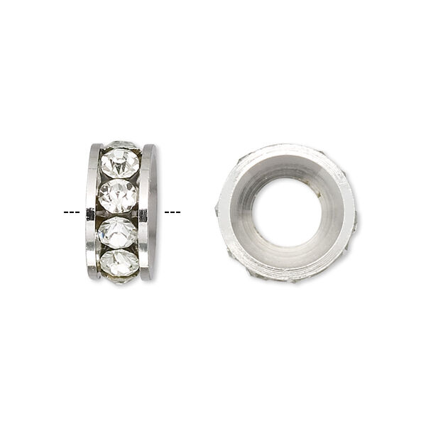 Bead, Dione®, Czech crystal and silver-plated brass, crystal clear, 14x6mm rondelle with 7mm hole. Sold per pkg of 2. image number 0