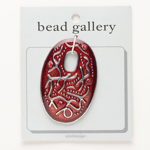 Focal, "pewter" (zinc-based alloy)/enamel/glass, pkg/1, silver finish and red, 57x37mm go-go. image number 0