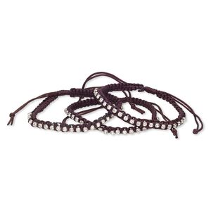 Bracelet, glass rhinestone / nylon / silver-plated brass, brown and clear, 6mm wide with cupchain, adjustable from 7-10 inches with wrapped knot closure. Sold per pkg of 3.