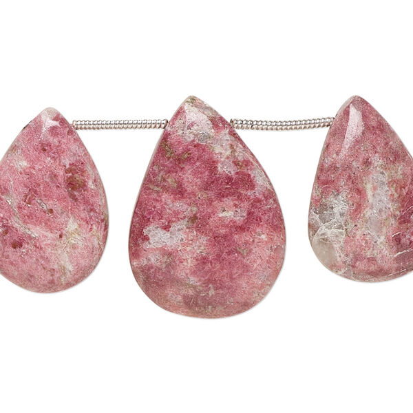 Bead, thulite (natural), 19x14mm-23x16mm graduated hand-cut top-drilled puffed teardrop, B grade, Mohs hardness 6 to 7. Sold per pkg of 3. image number 0