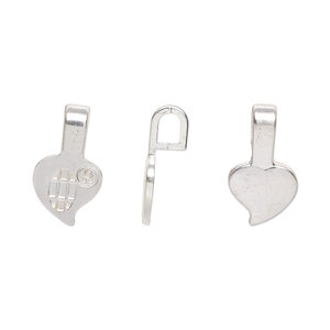 Bail, Aanraku&reg;, glue-on, silver-plated "pewter" (zinc-based alloy), 16.5x9mm with 9mm heart flat base. Sold per pkg of 25.
