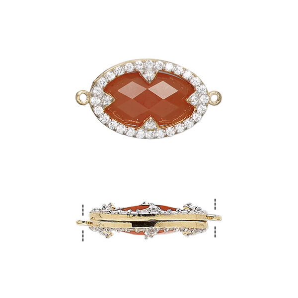 Link, carnelian (dyed / heated) / cubic zirconia / gold-finished sterling silver, clear, 18x12mm double-sided faceted oval. Sold individually. image number 0