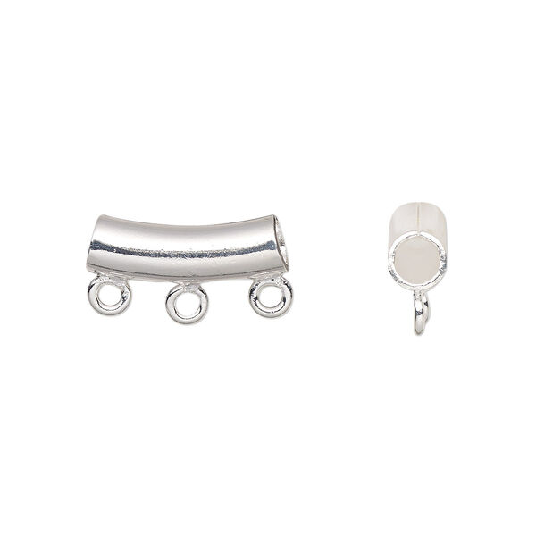 Bead, silver-plated brass, 14x5mm curved tube with 3 loops. Sold per pkg of 10. image number 0