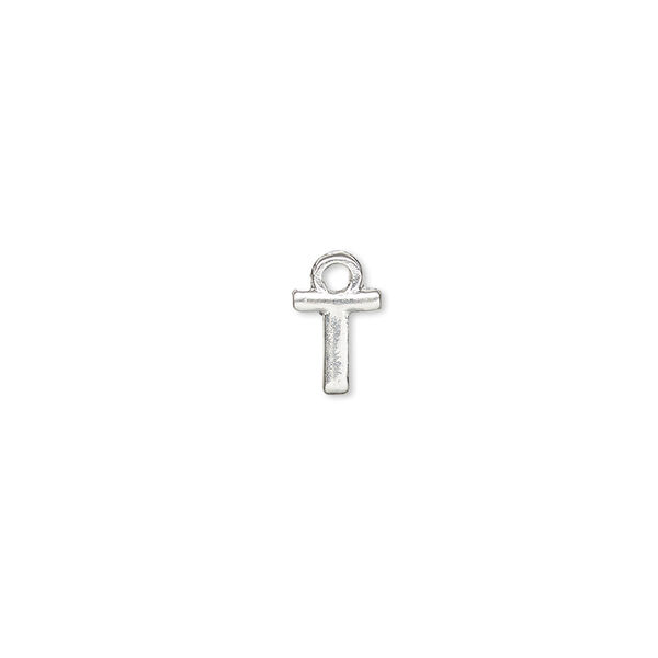 Charm, silver-finished "pewter" (zinc-based alloy), 7x5mm alphabet letter T. Sold per pkg of 2. image number 0