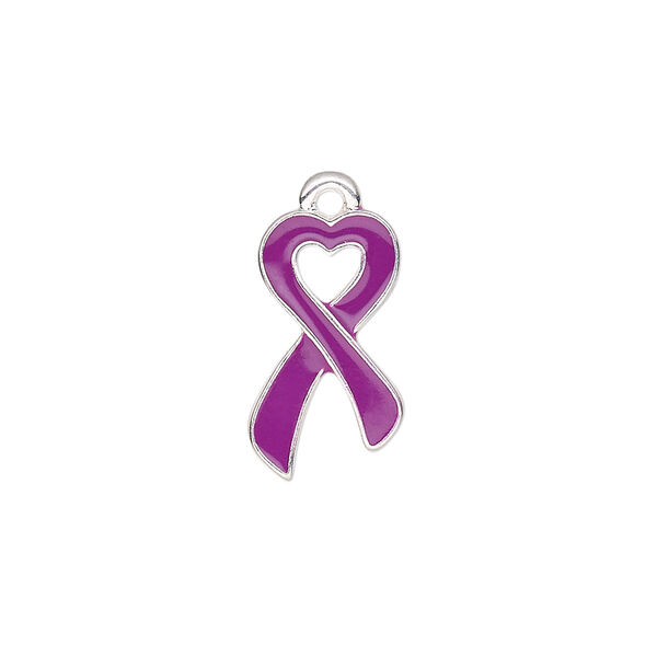 Charm, enamel and silver-finished "pewter" (zinc-based alloy), purple, 18x10.5mm single-sided awareness ribbon heart. Sold per pkg of 2. image number 0
