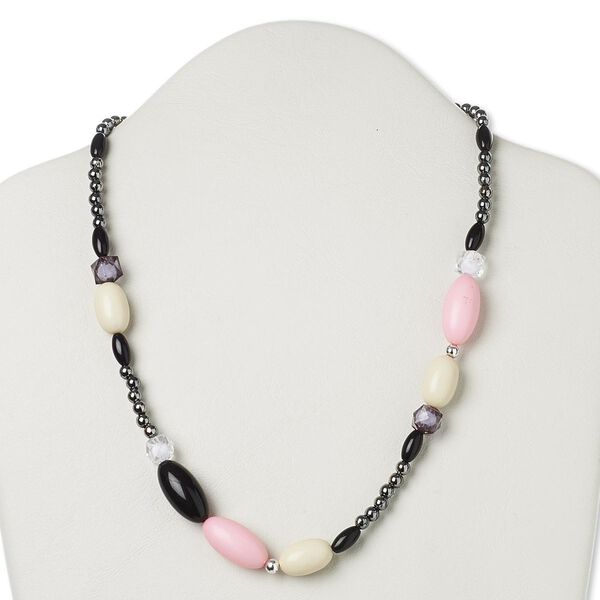 Necklace, acrylic / glass pearl / steel, multicolored, 10x6mm-29x19mm oval, 18 inches with lobster claw clasp and 3-inch extender chain. Sold individually. image number 0