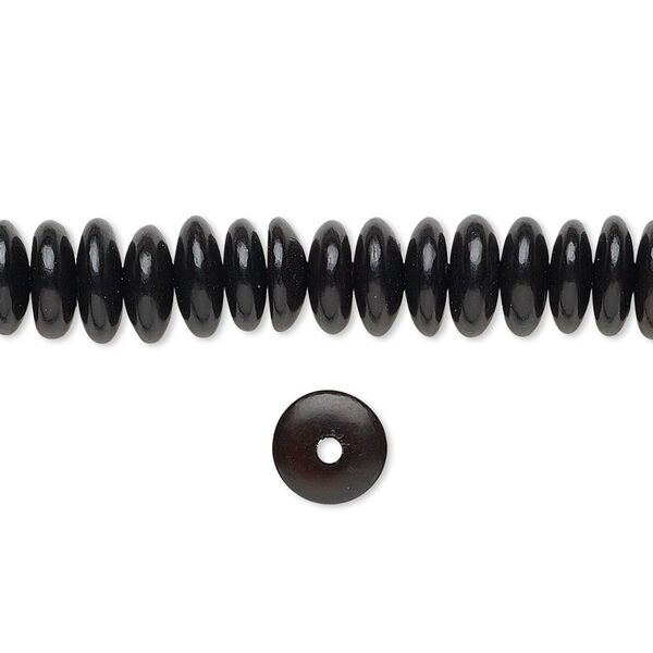 Bead, horn (dyed / waxed), black, 8x3mm hand-cut saucer. Sold per 15-1/2" to 16" strand. image number 0