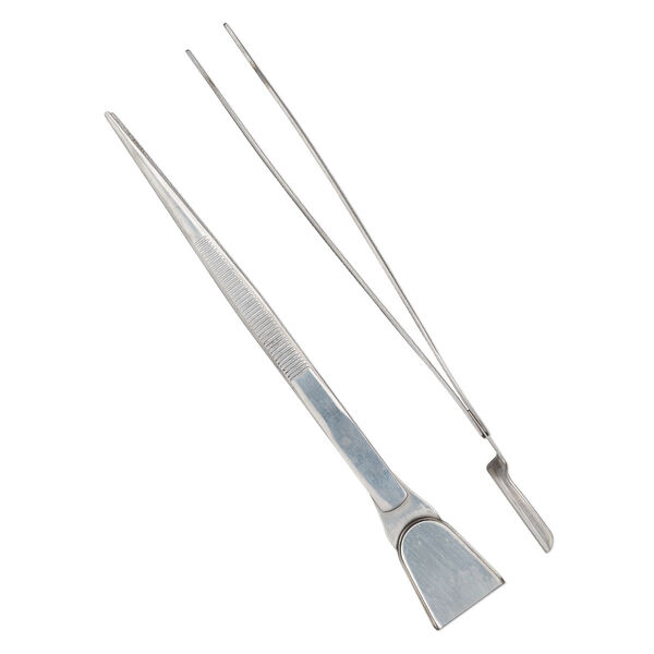 Tweezers with scoop, stainless steel, 6-1/2 inches with 1-1/8 x 1-inch scoop and 5-1/4 inch tweezer with 1.8mm tip width. Sold individually. image number 0