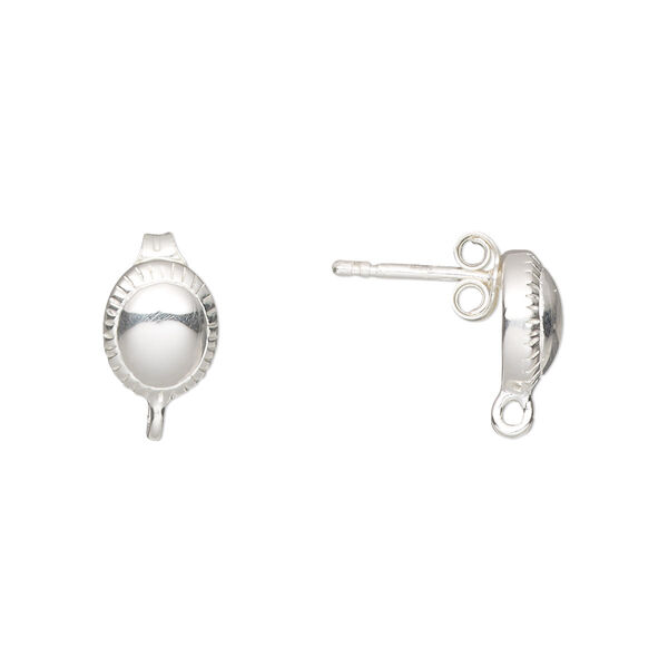 Earstud, sterling silver, 10x8mm oval with corrugated rim and closed loop. Sold per pair. image number 0