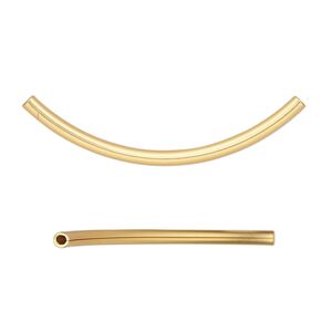 Bead, satin-finished gold-plated brass, 38x2mm curved tube. Sold per pkg of 10.