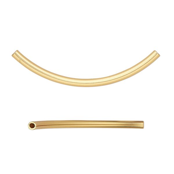 Bead, satin-finished gold-plated brass, 38x2mm curved tube. Sold per pkg of 10. image number 0