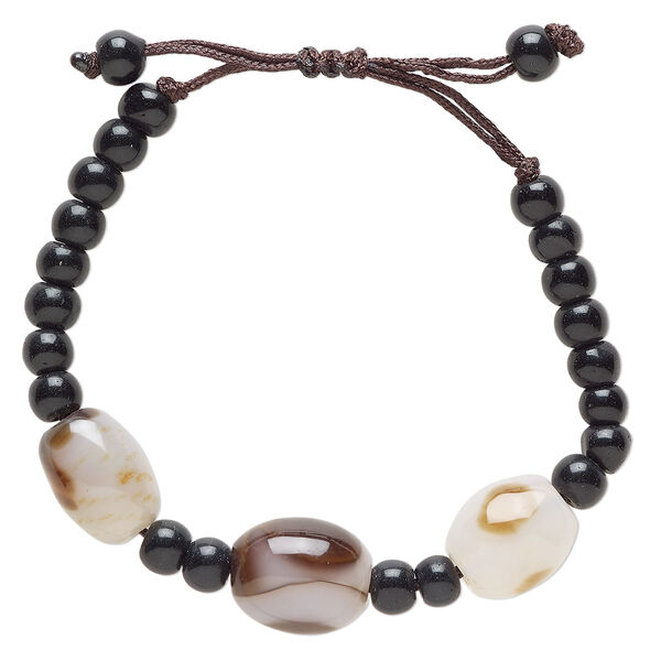 White agate / glass / waxed cotton 1pkg1, oval bracelet adjustable 5-7.5 inch 14mm image number 0